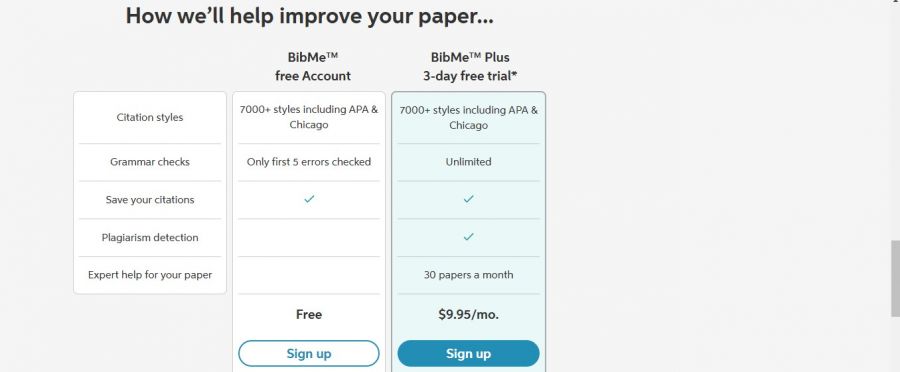 BibMe Pricing Screenshot