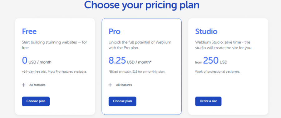 Weblium Pricing Screenshot