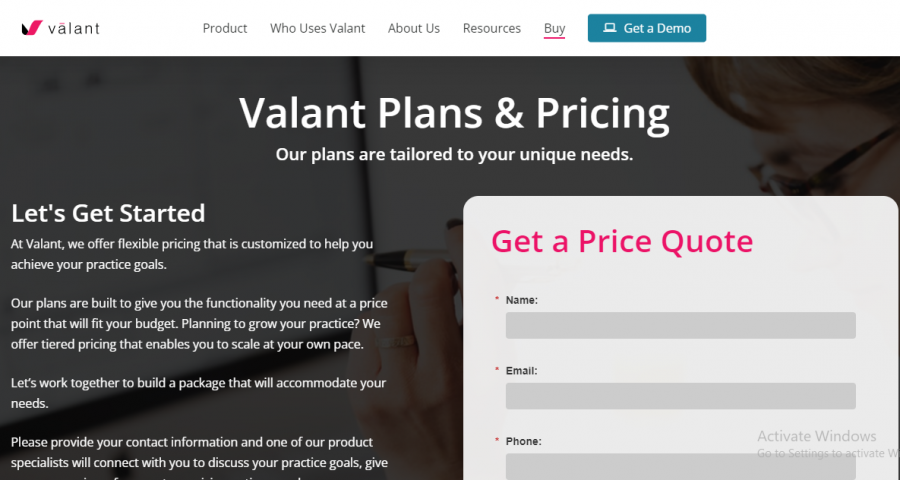 Valant Pricing Screenshot