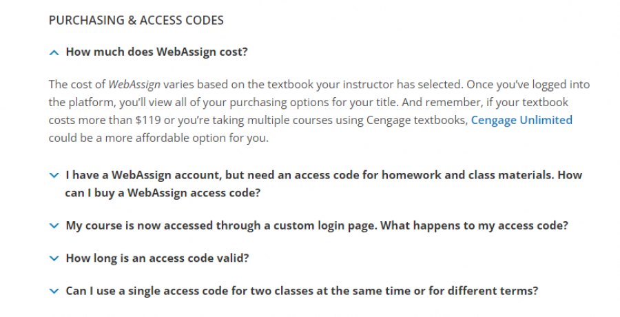 WebAssign Pricing Screenshot