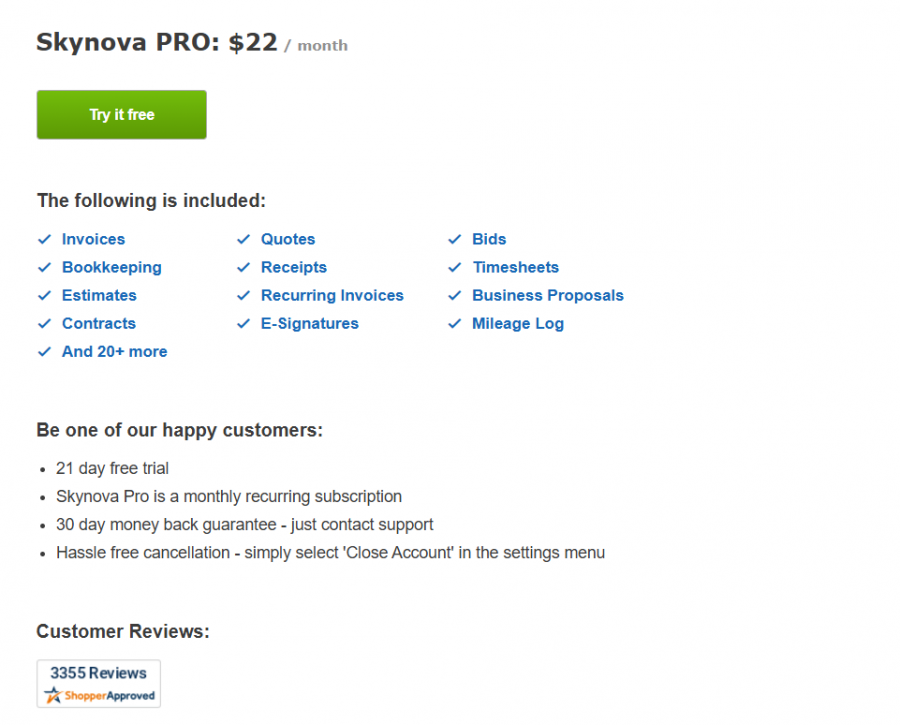 Skynova Pricing Screenshot