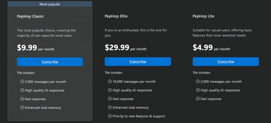 PepHop AI Pricing Screenshot